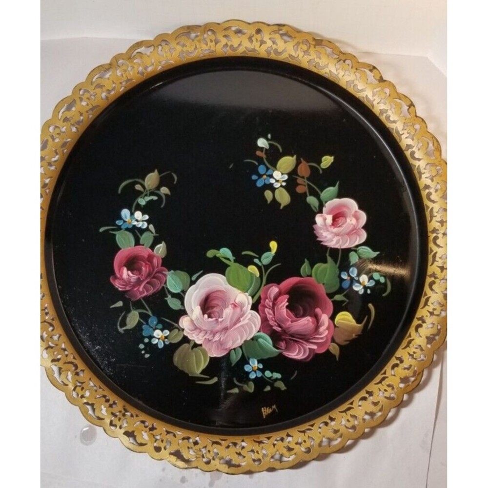 Hand-Painted Pink Floral Decorative Wall Tray with Gold Trim